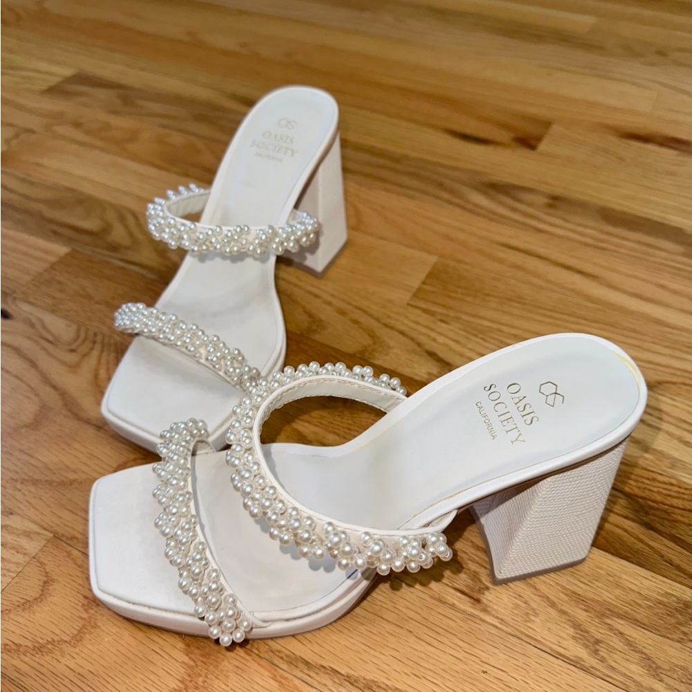 Society White Pearl-Embellished Block Heel Sandals